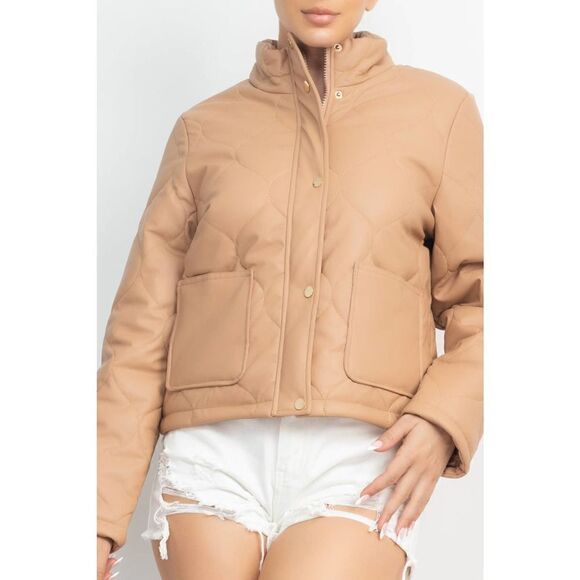 Taupe Mock Neck Quilted Jacket - Picture 4 of 5
